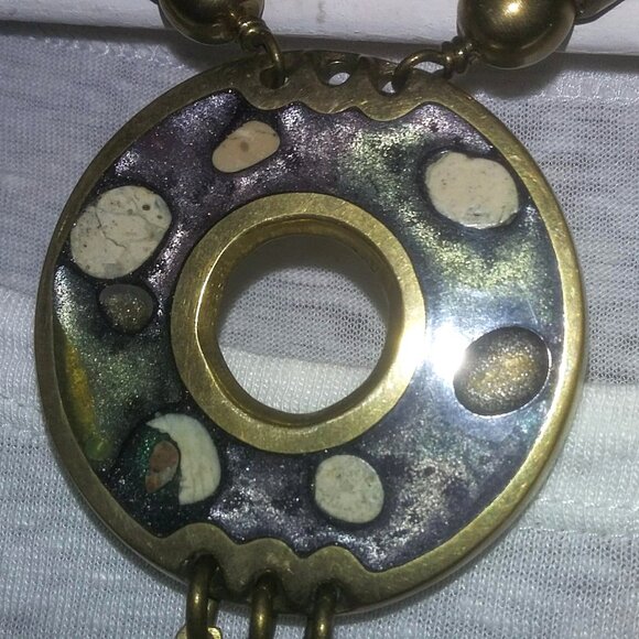 VINTAGE🌻Mid-century 70's ARTISAN BRASS ENAMEL INLAY CHOCKER NECKLACE - Picture 4 of 6